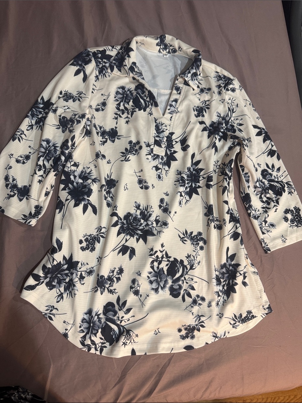 Women's Cream Floral Split-Neck Tunic Top